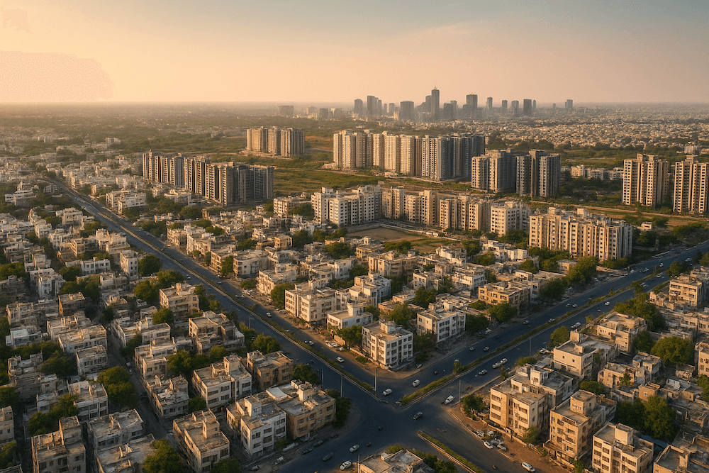 Aerial view of residential and commercial buildings in North Ahmedabad and Gandhinagar showing rapid real estate development and investment potential in 2025