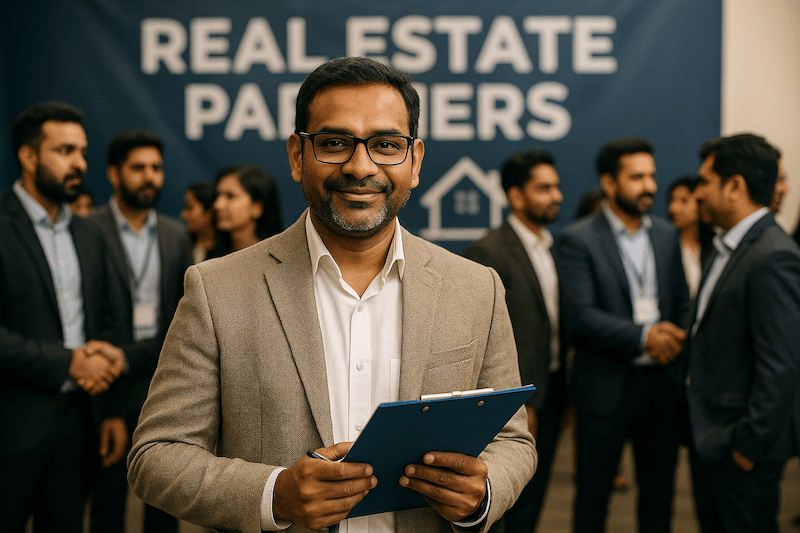 An Indian real estate professional standing confidently at a networking event, holding a clipboard, with a Real Estate Partners banner and fellow professionals in the background.